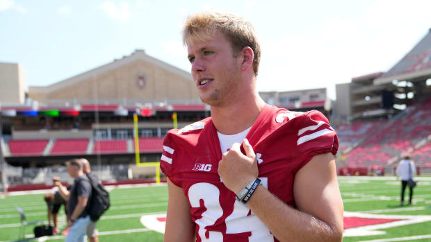 Wisconsin safety Hunter Wohler speaking during local Wisconsin media days.